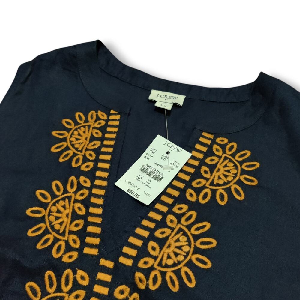 J. Crew Linen Embroidered Shirt Bib Y Neck Sleeveless Women's Size 4 New